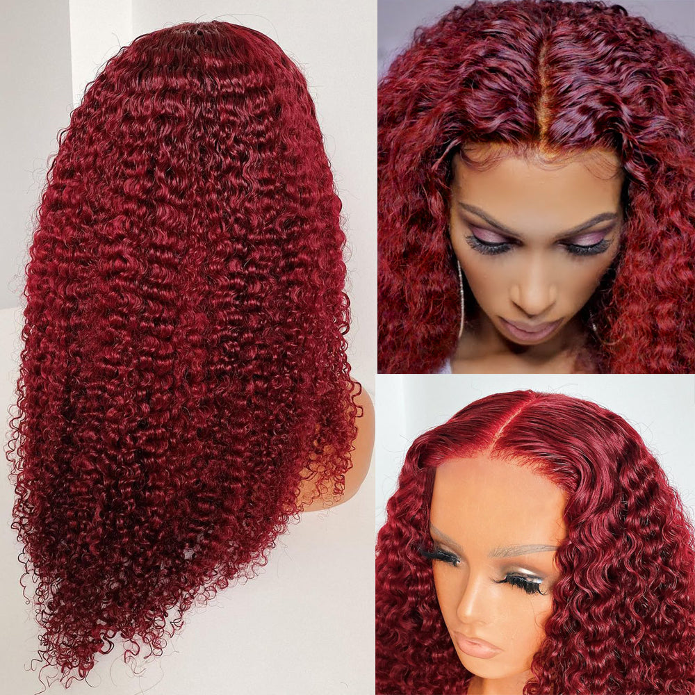 BURGUNDY 99J RED CURLY PRE-PLUCKED LACE FRONT HUMAN HAIR WIG