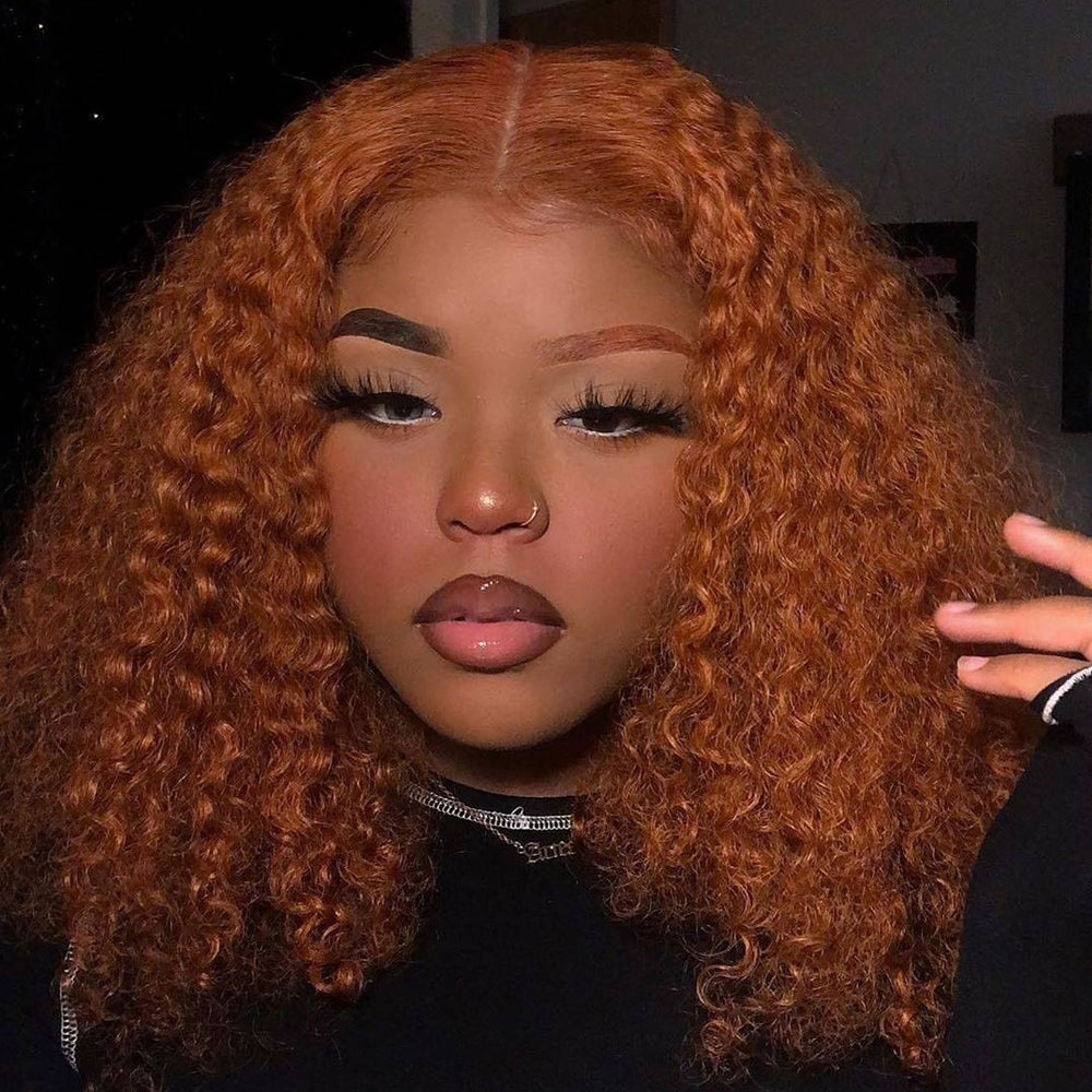 SUNSET ORANGE GINGER ORANGE CURLY BOB PRE-PLUCKED LACE FRONT HUMAN HAIR WIG