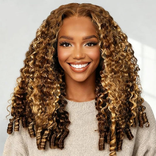 4/27 Honey Blonde Highlight Burmese Curly 6x6 HD Lace Glueless Wig