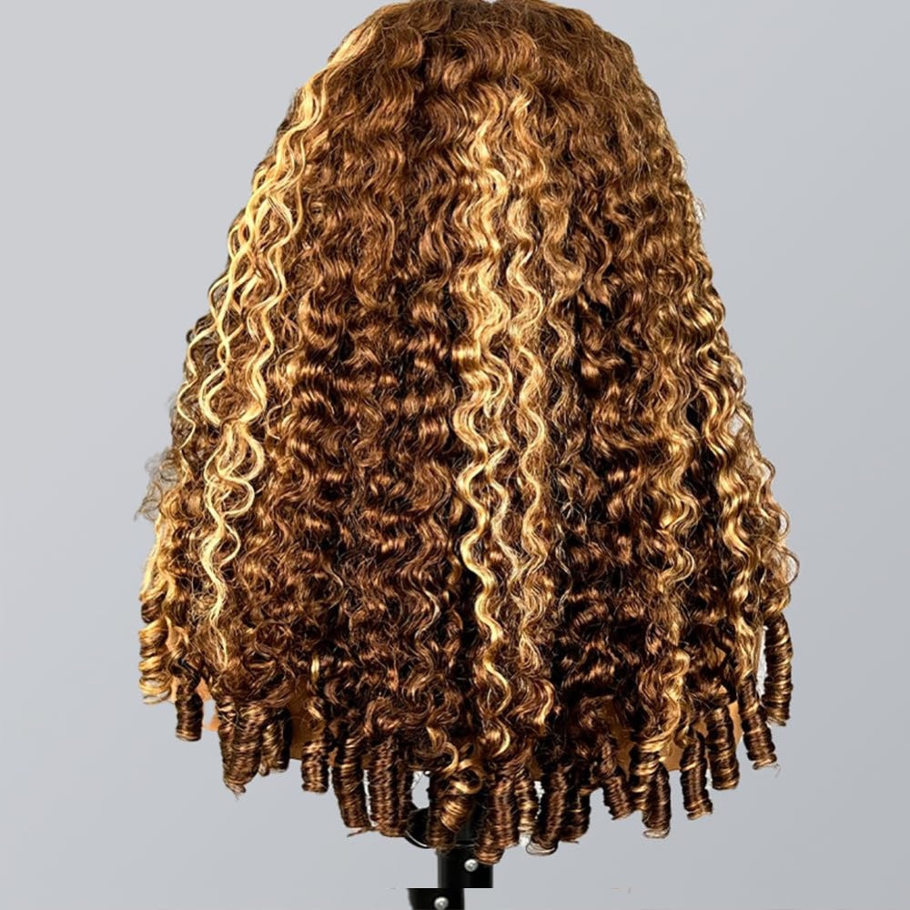 4/27 Honey Blonde Highlight Burmese Curly 6x6 HD Lace Glueless Wig