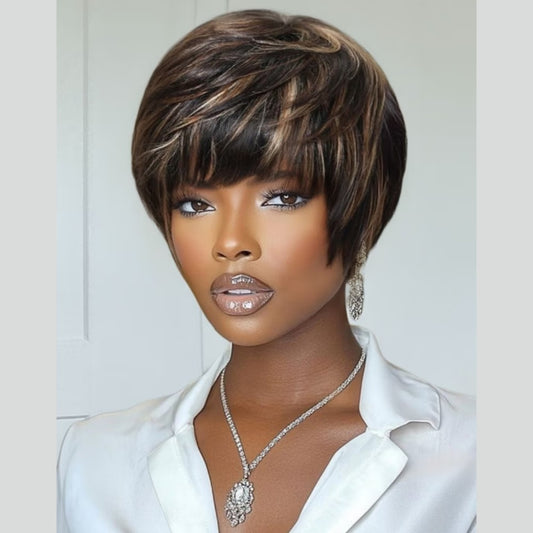 Full Machine Made Short Blonde Highlight Layered Pixie Cut Human Hair Wig