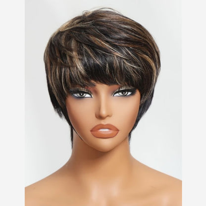 Full Machine Made Short Blonde Highlight Layered Pixie Cut Human Hair Wig