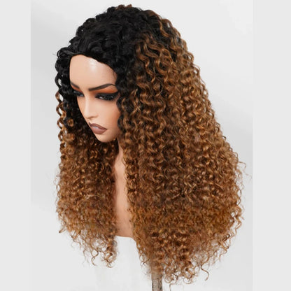 Upgrade 3 IN 1 Curly Half Wig With Drawstring Highlight Glueless Human Hair Wig