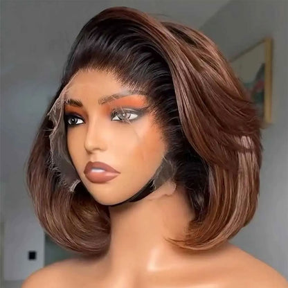 13X4/13X6 LACE FRONT HUMAN HAIR OMBRE BROWN LAYERED CUT SHORT BOB WIG
