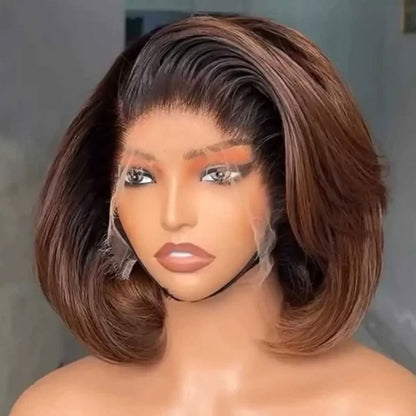 13X4/13X6 LACE FRONT HUMAN HAIR OMBRE BROWN LAYERED CUT SHORT BOB WIG