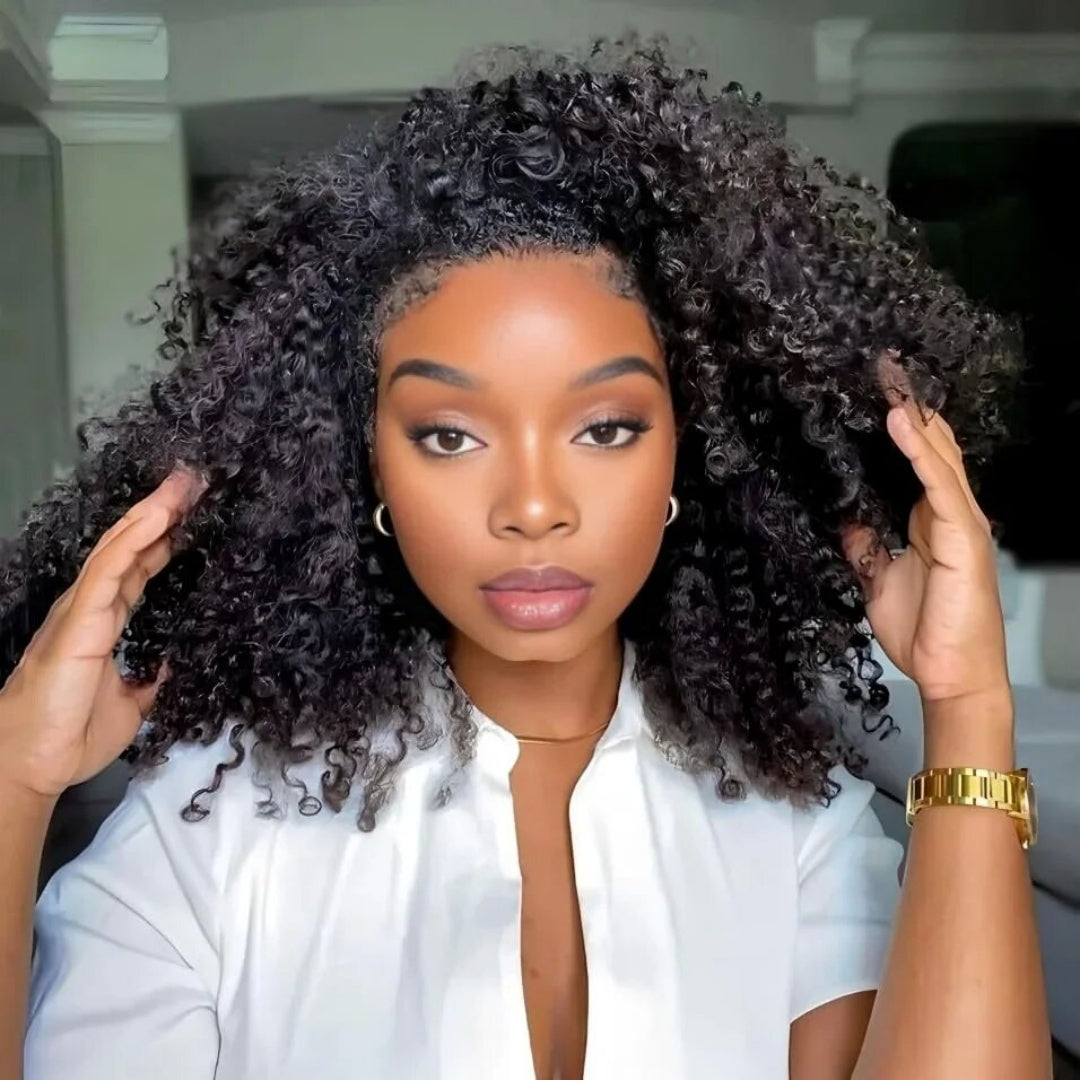 Upgrade 3 IN 1 Half Wig With Drawstring Kinky Curly Glueless Human Hair Wig