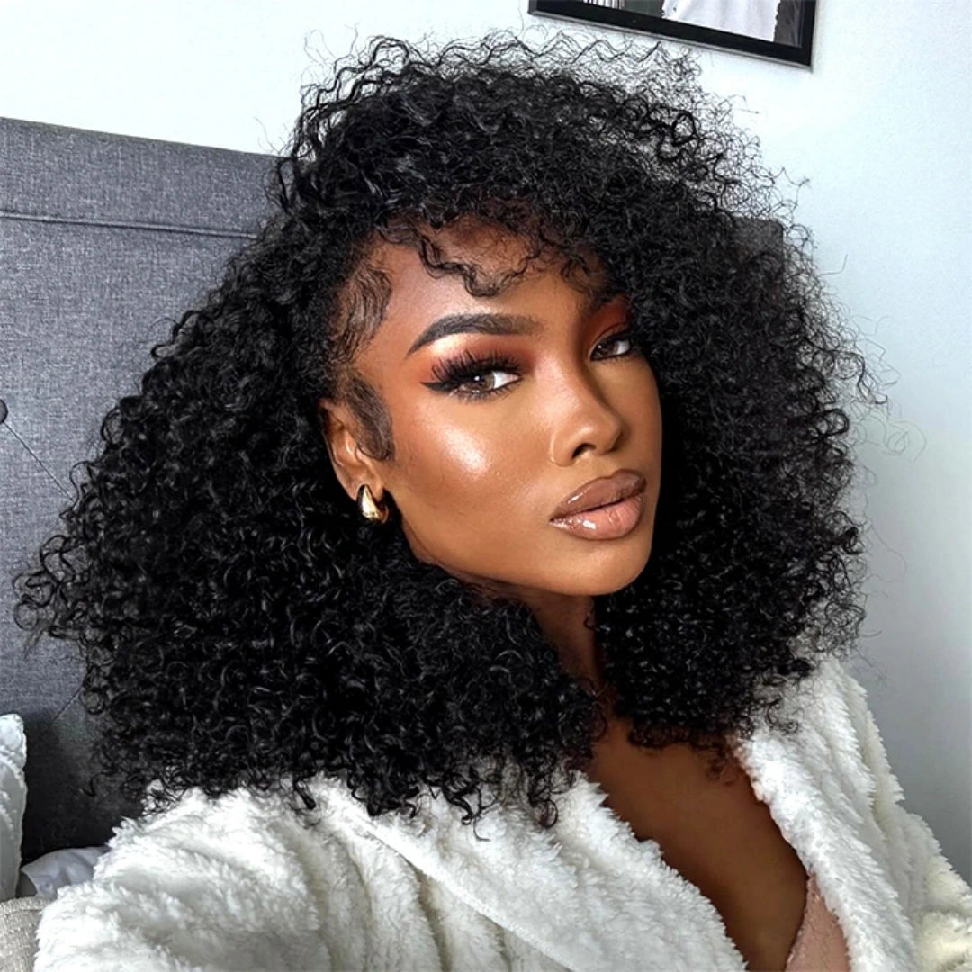 Upgrade 3 IN 1 Half Wig With Drawstring Kinky Curly Glueless Human Hair Wig