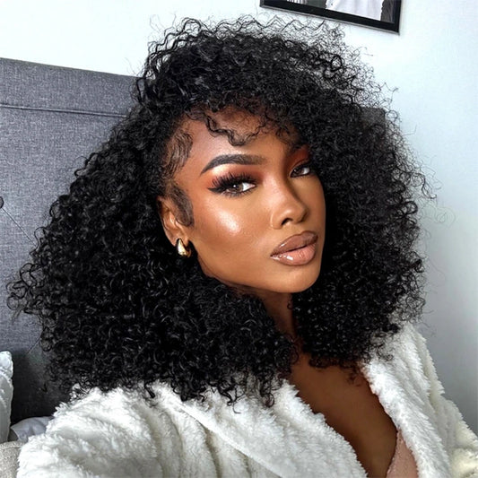 Upgrade 3 IN 1 Half Wig With Drawstring Kinky Curly Glueless Human Hair Wig