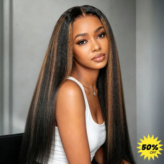 BYE-BYE KNOTS 360 HD LACE FAKE SCALP HIGHLIGHT BROWN KINKY STRAIGHT WIG / Invisi-Strap