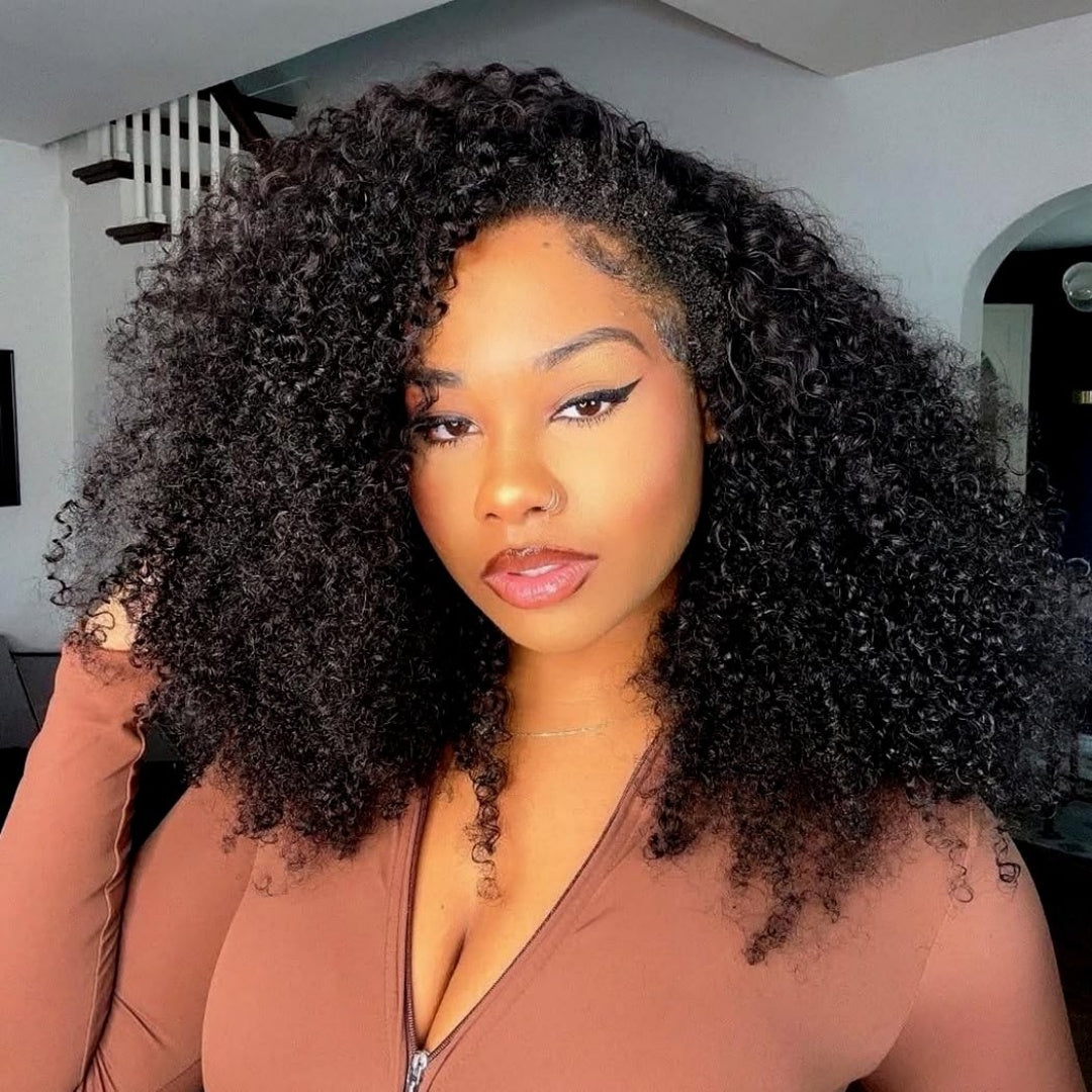 Upgrade 3 IN 1 Half Wig With Drawstring Kinky Curly Glueless Human Hair Wig