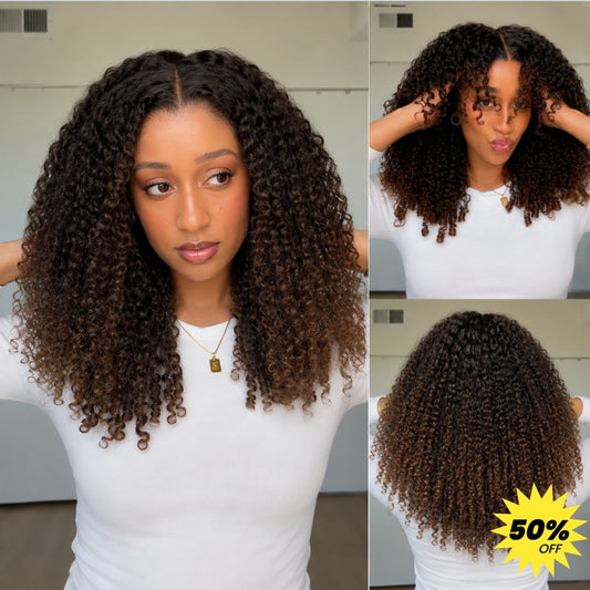 HD LACE 3D Dome Cap 9x6 Super Preplucked with Drawstring Wig Brown Ombre Burmese Curly With Finger Coil Ends