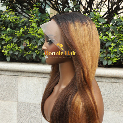 【DEAL】Invisi-Strap 360 Transparent Lace Honey Brown/Blonde Black Roots Wig // Yaki Straight