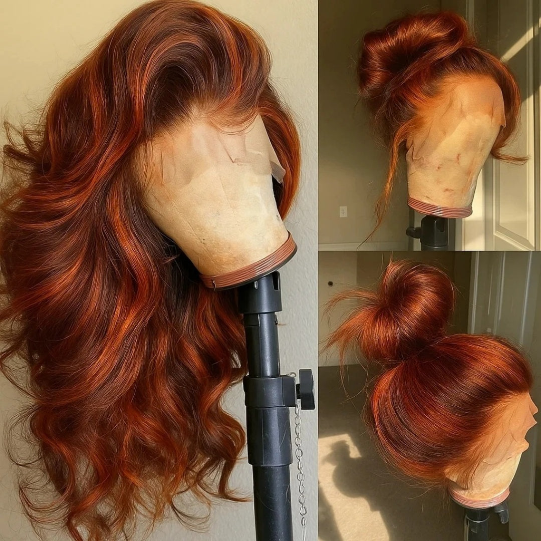 13X4/13X6 Full Frontal Transparent Lace Highlight Ombre Ginger Orange Body Wave Wig