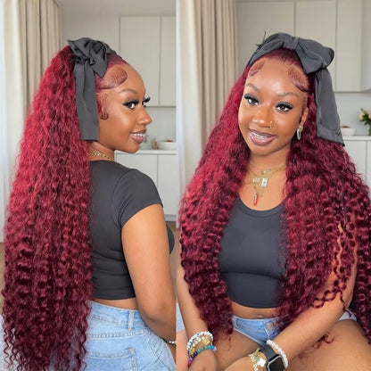 13X4/13X6 TRANSPARENT LACE FRONT 99J BURGUNDY DEEP WAVE WIG