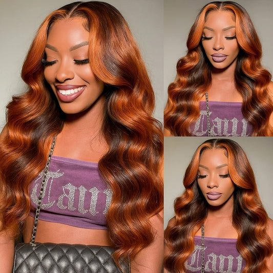 4x4/5x5 TRANSPARENT LACE CLOSURE PRE-PLUCKED GINGER HIGHLIGHT BODY WAVE WIG