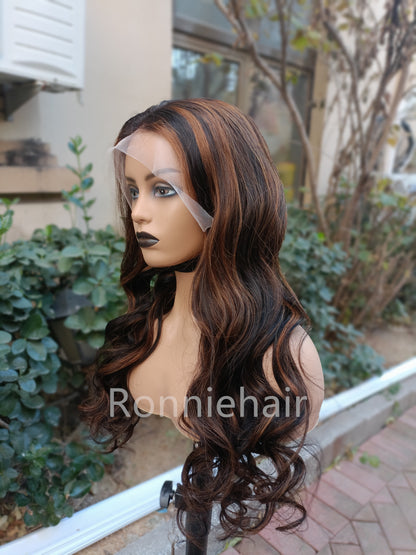 13X4/13X6 TRANSPARENT LACE FRONT HIGHLIGHT COLOR WAVY BODY WAVE HUMAN HAIR WIG