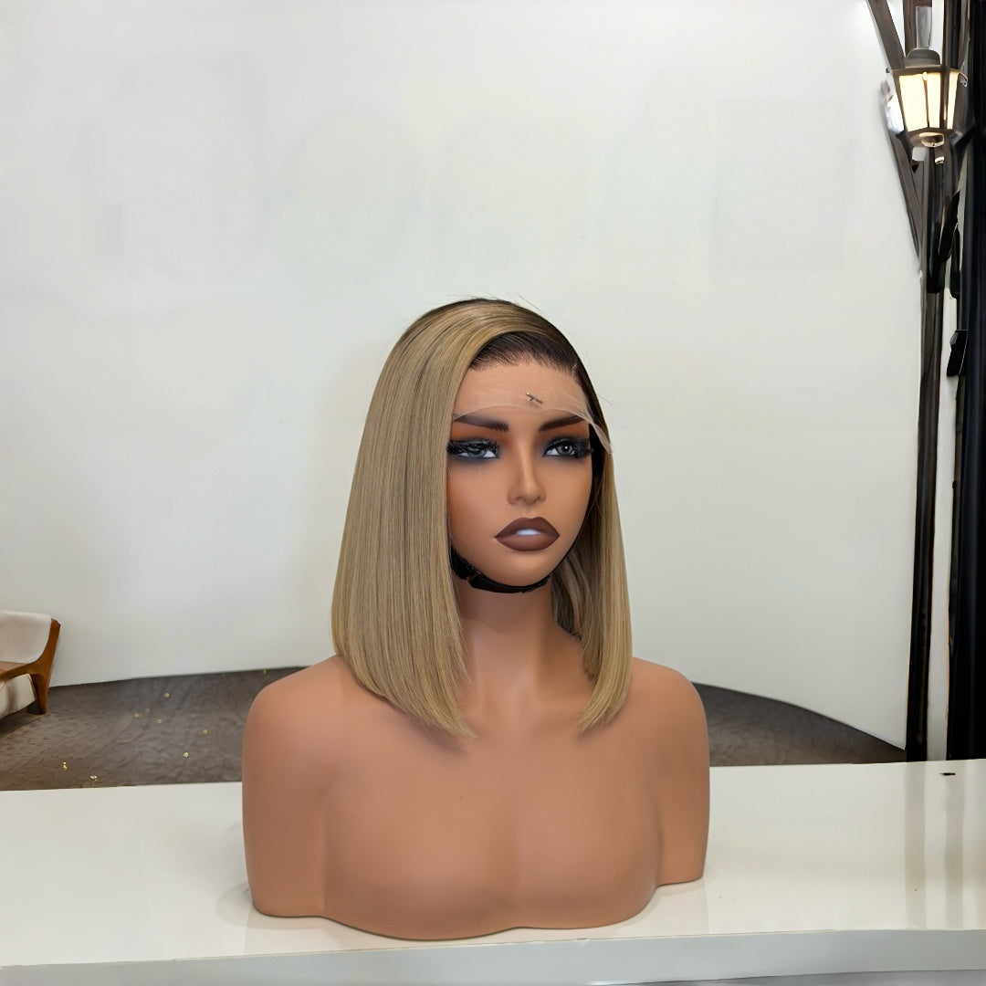 HD Lace Pre-Plucked Hairline Dark Root Beige Blonde Silky Straight Bob Wig
