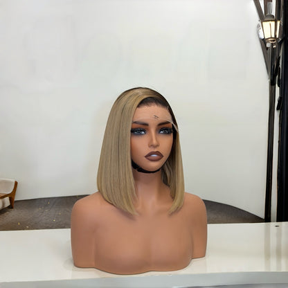 HD Lace Pre-Plucked Hairline Dark Root Beige Blonde Silky Straight Bob Wig