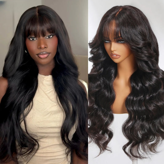 "One Fits All" 9x6 Lace Parting HD LACE Super Preplucked Hairline Body Wave With Bang Wig