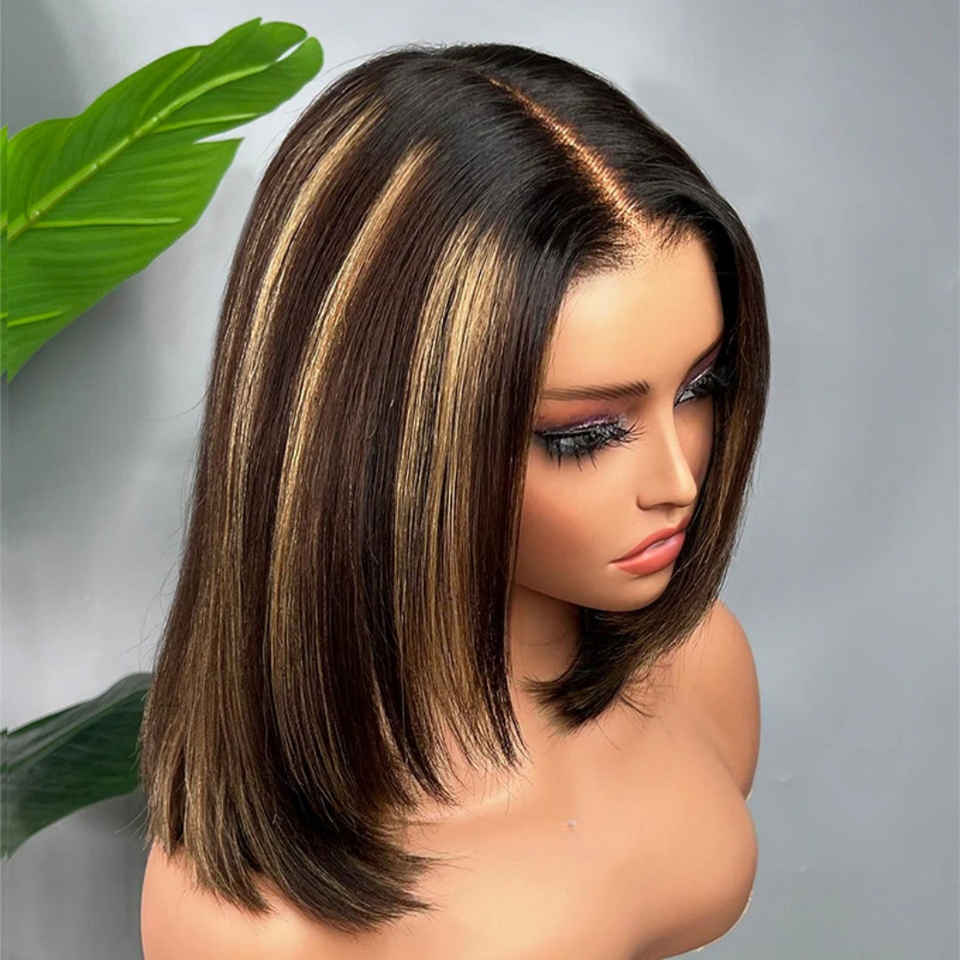 UPGRADED FULL LACE (WITHOUT MESH) TRANSPARENT LACE HIGHLIGHT STRAIGHT LAYERED BOB INVISI-STRAP WIG