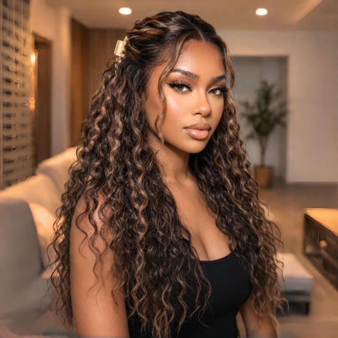 Upgrade 370 Fitted Cap Invisi-Strap HD Lace Preplucked Hairline Wig Highlight Water Wave