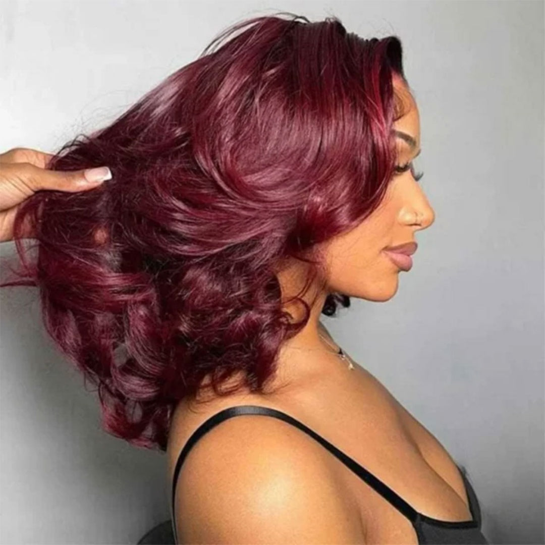13X4/13X6 LACE FRONT HUMAN HAIR BURGUNDY BUTTERFLY LAYERED CUT WAVY WIG