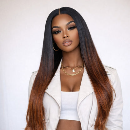 13X6  FIT 2.0 HD LACE FRONT SUPER PRE-PLUCKED WIG /OMBRE REDDISH BROWN YAKI STRAIGHT