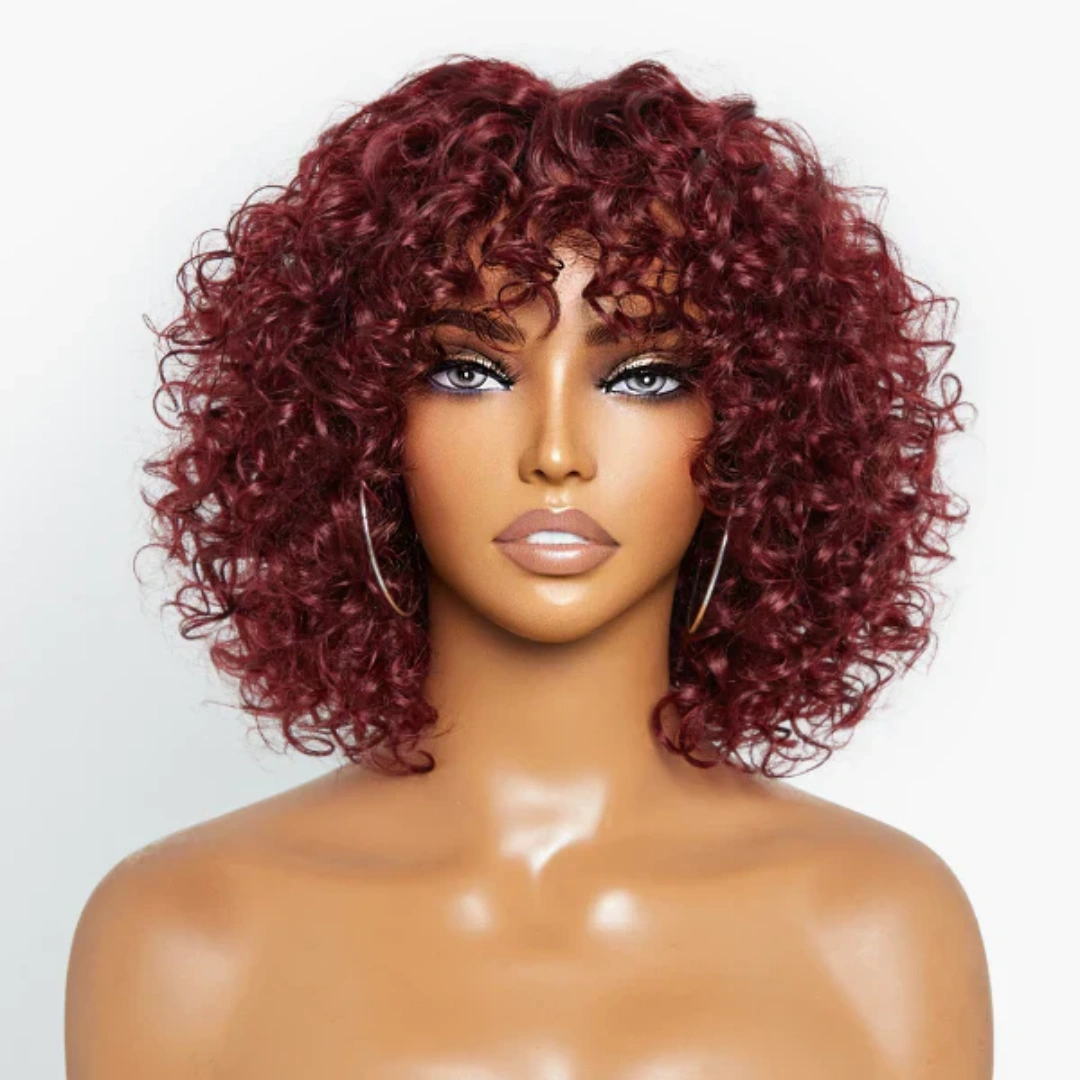 Full Machine Made Burgundy Water Wave Human Hair Wig with Bang