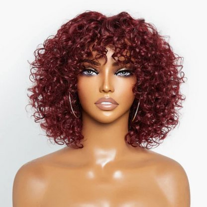 Full Machine Made Burgundy Water Wave Human Hair Wig with Bang