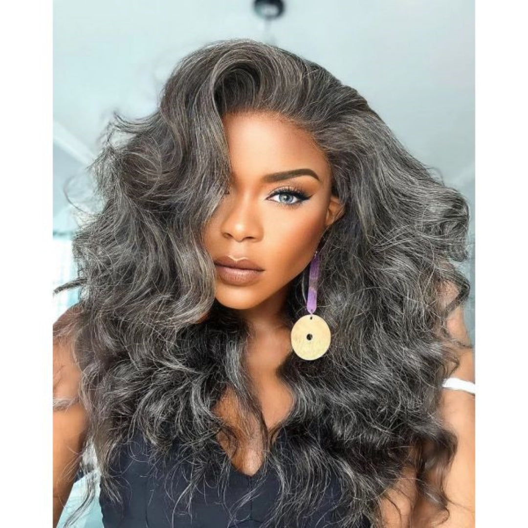5X5/13X4 LACE FRONT HUMAN HAIR SALT AND PEPPER GRAY COLOR WAVY WIG