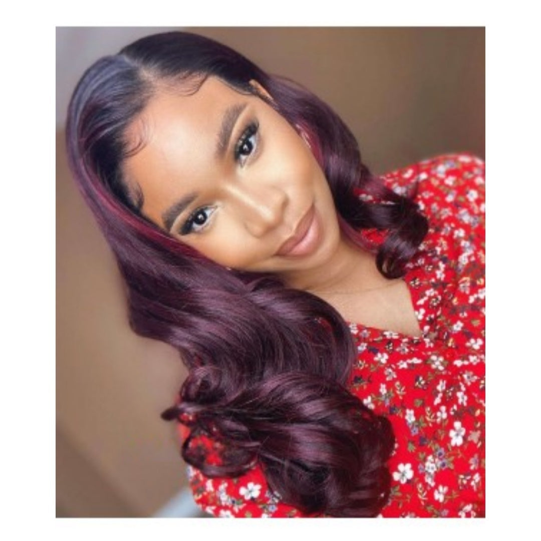 Ombre Burgundy Wine Red Body Wave Pre-plucked Human Hair Lace Front Wig
