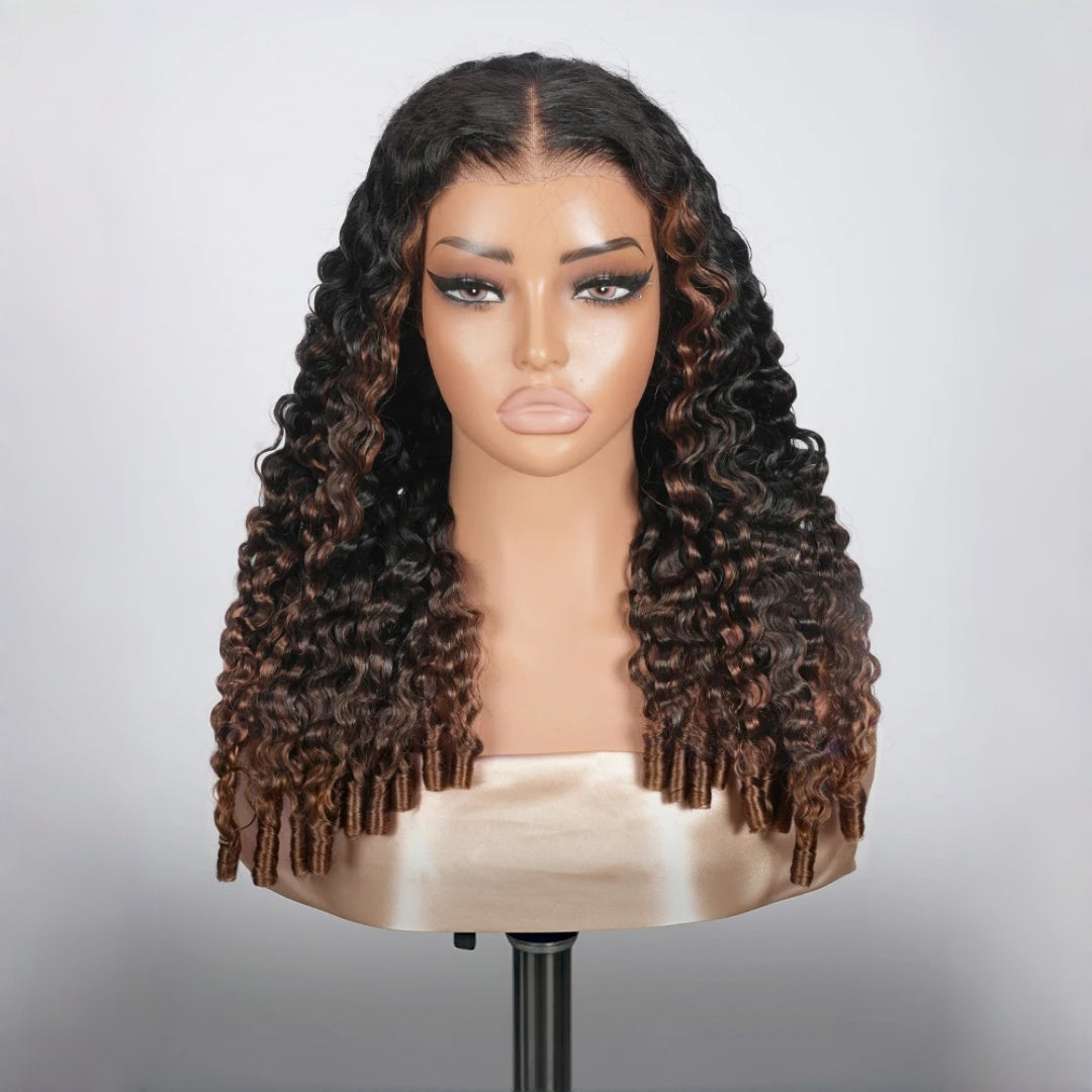 HD LACE 9x6 Lace Parting Super Preplucked Hairline Density Wig Ombre Brown Burmese Curly With Spiral Ends
