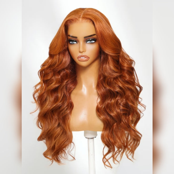 4X4/13X4 LACE FRONT HUMAN HAIR 250% DENSITY COPPER ORANGE BODY WAVY WIG