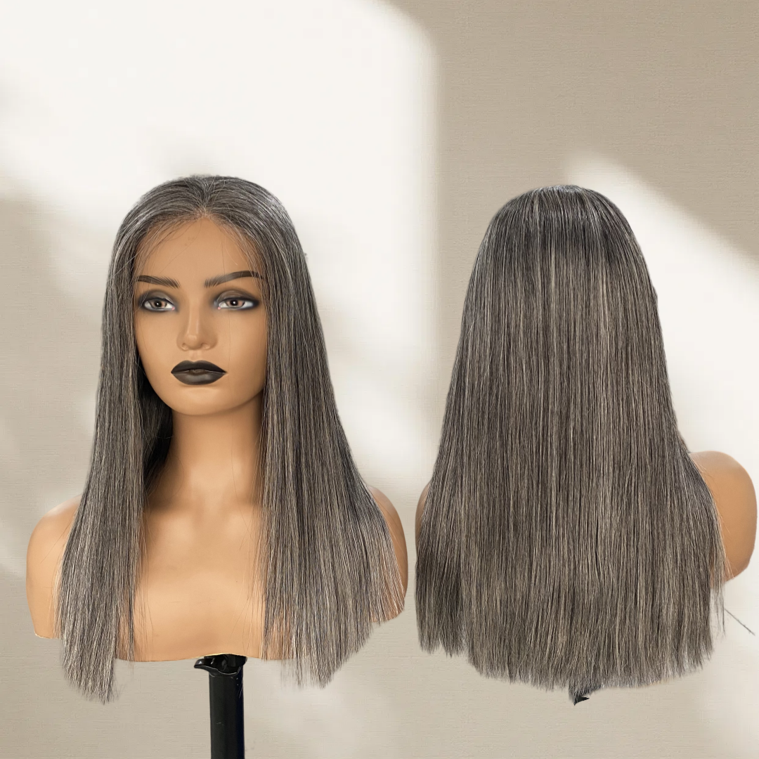 5X5/13X4 LACE FRONT HUMAN HAIR SALT AND PEPPER GREY COLOR STRAIGHT WIG