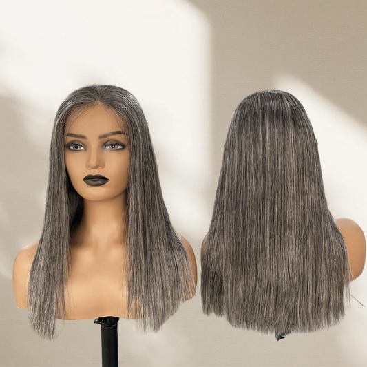 5X5/13X4 LACE FRONT HUMAN HAIR SALT AND PEPPER GREY COLOR STRAIGHT WIG
