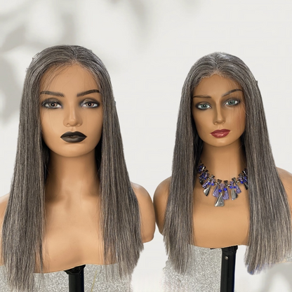 5X5/13X4 LACE FRONT HUMAN HAIR SALT AND PEPPER GREY COLOR STRAIGHT WIG
