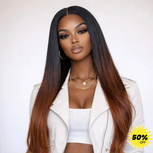 13X6  FIT 2.0 HD LACE FRONT SUPER PRE-PLUCKED WIG /OMBRE REDDISH BROWN YAKI STRAIGHT