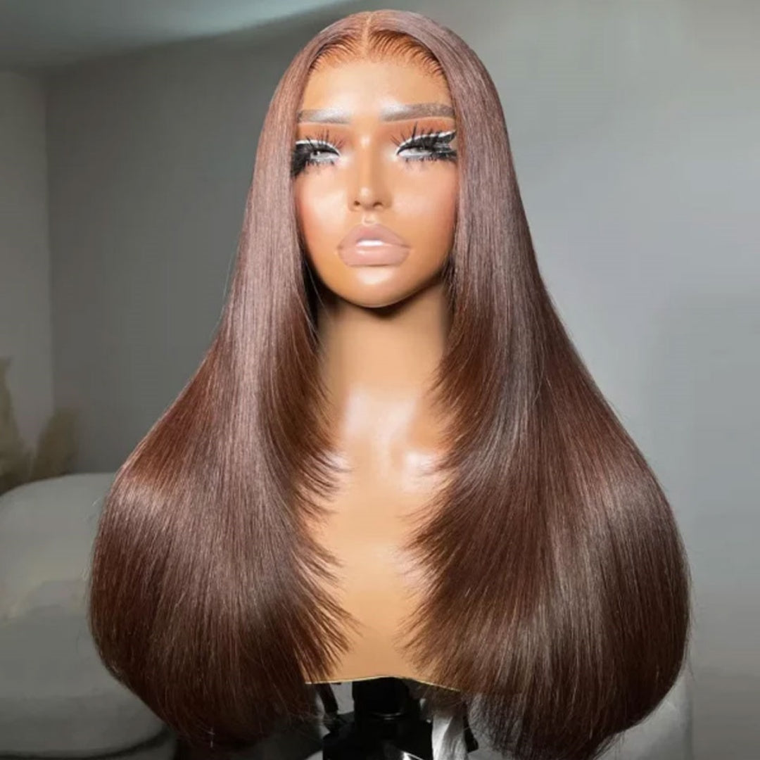 13X4/13X6 LACE FRONT HUMAN HAIR BROWN COLOR LAYERED CUT STRAIGHT WIG