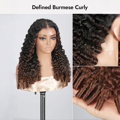 HD LACE 9x6 Lace Parting Super Preplucked Hairline Density Wig Ombre Brown Burmese Curly With Spiral Ends