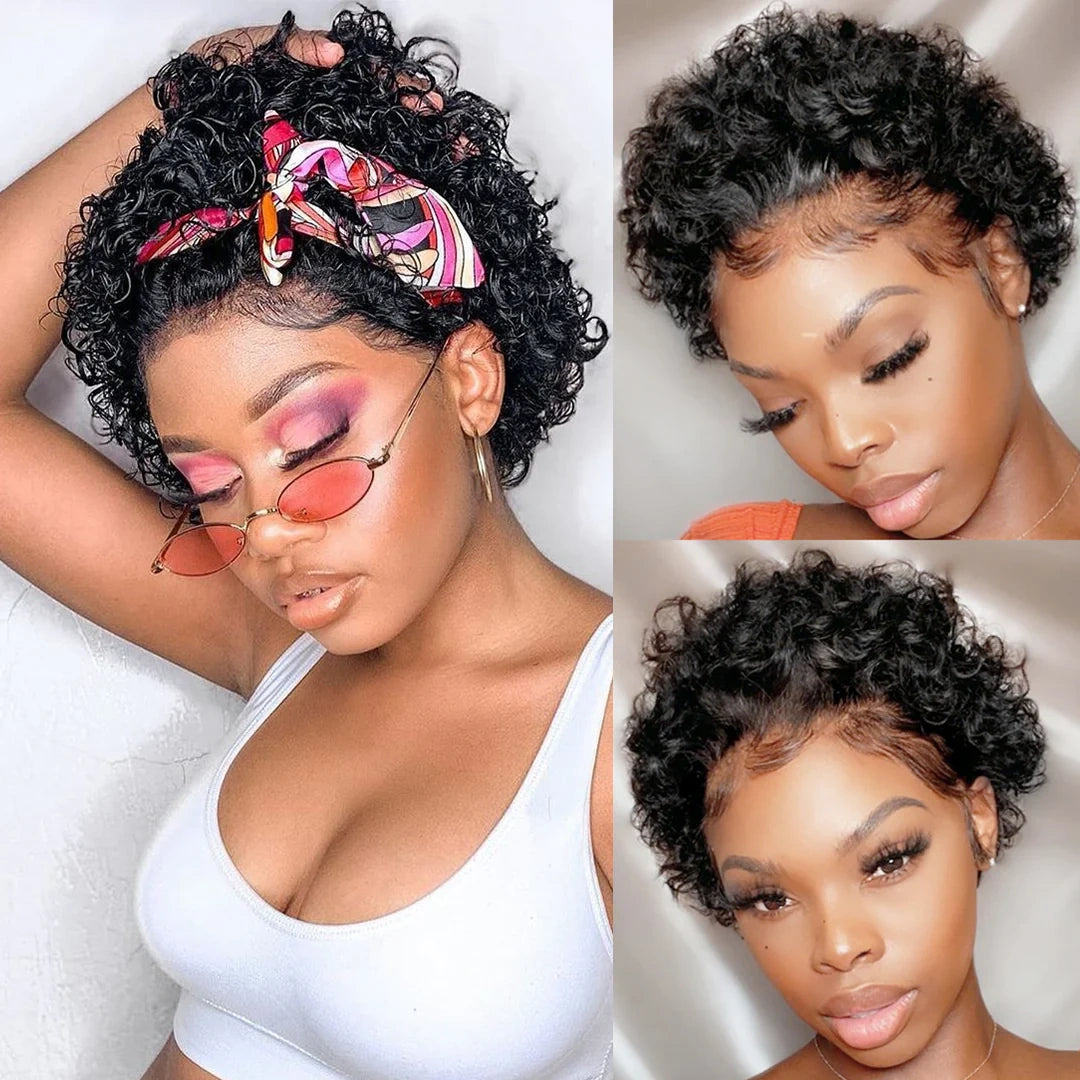 13X4/13X6 TRANSPARENT LACE HUMAN HAIR BOUNCY CURLY SHORT PIXIE CUT WIG