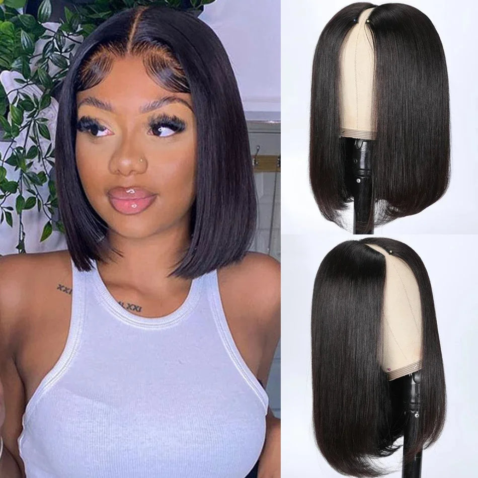 V Part Wig Straight Bob Glueless Human Hair Wig