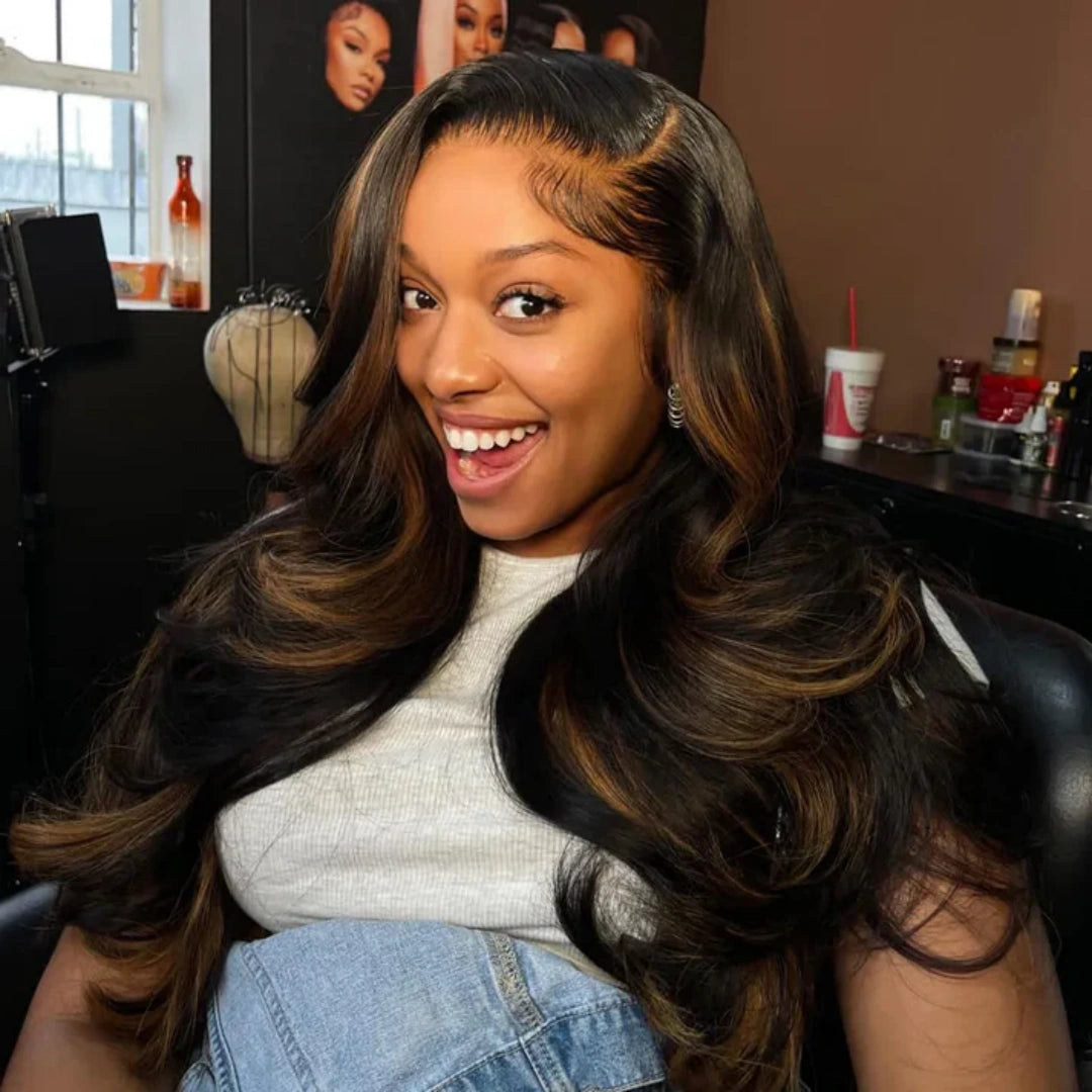 Upgrade 370 Fitted Cap Invisi-Strap HD Lace Preplucked Hairline Wig Highlight Brown Body Wave