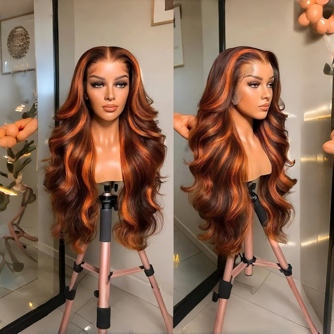 13X4/13X6 Full Frontal Transparent Lace Highlight Ombre Ginger Orange Body Wave Wig