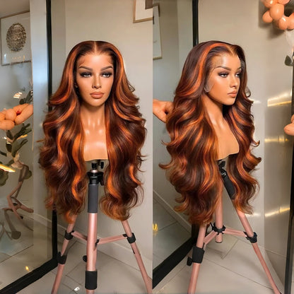 13X4/13X6 Full Frontal Transparent Lace Highlight Ombre Ginger Orange Body Wave Wig