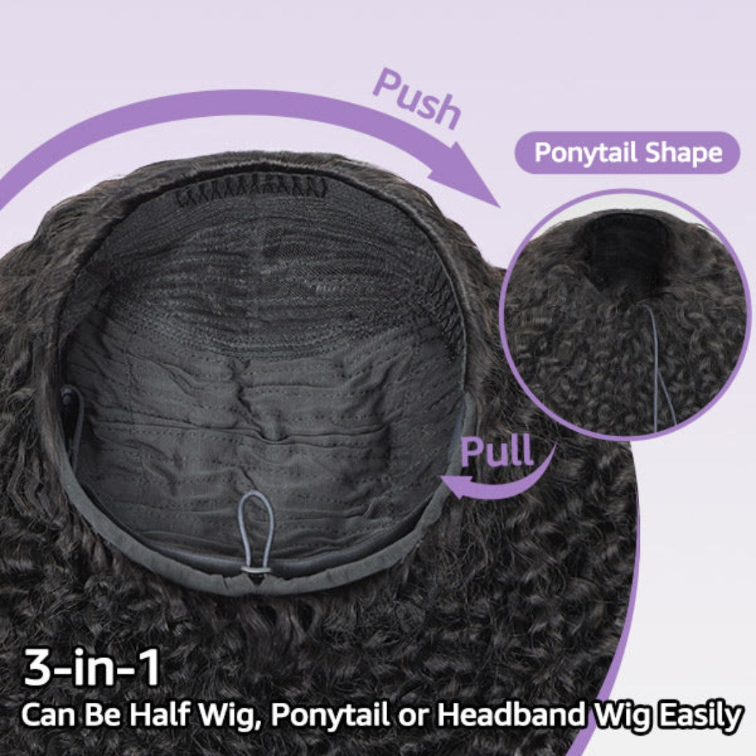 Upgrade 3 IN 1 Half Wig With Drawstring Kinky Curly Glueless Human Hair Wig
