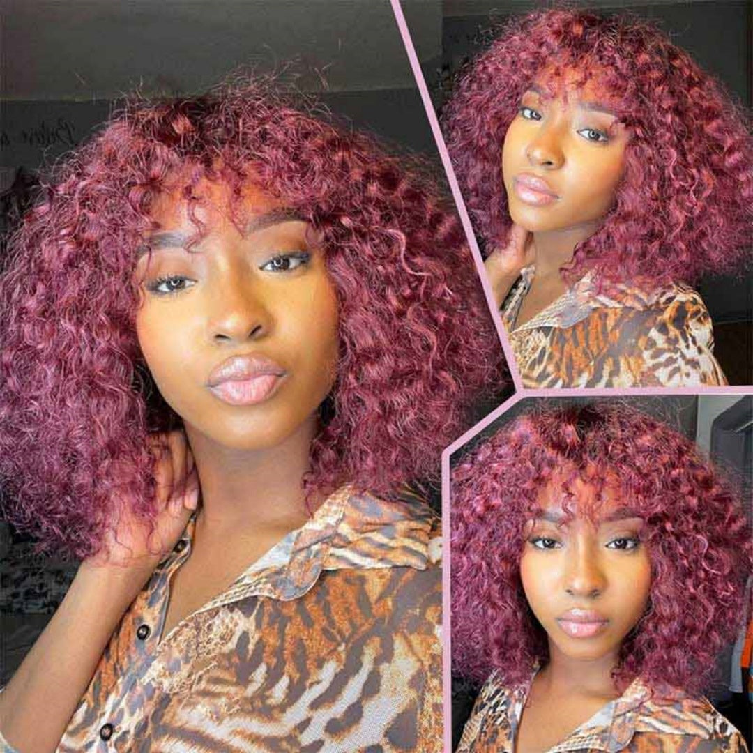 Full Machine Made Curly Human Hair Wig with Bang