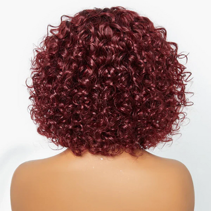Full Machine Made Burgundy Water Wave Human Hair Wig with Bang