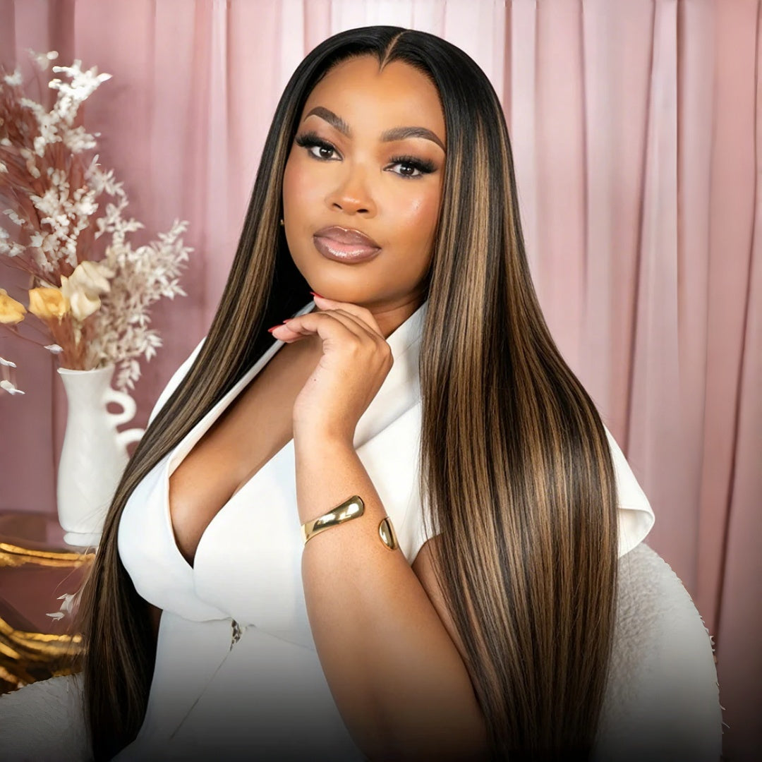 “M” Shape  Hairline 13X6 HD Lace Front Wig Highlight Brown Straight