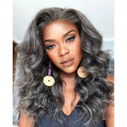 5X5/13X4 LACE FRONT HUMAN HAIR SALT AND PEPPER GRAY COLOR WAVY WIG