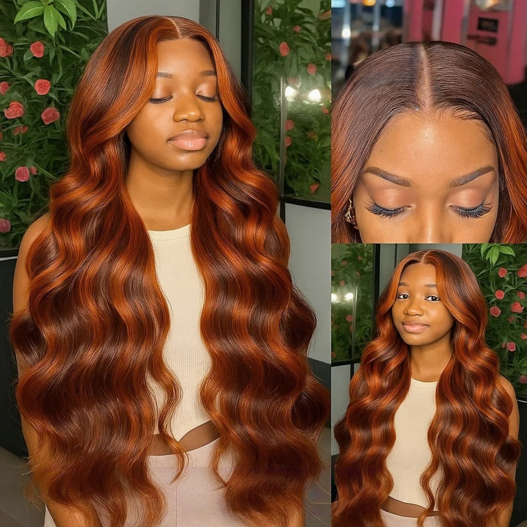 4x4/5x5 TRANSPARENT LACE CLOSURE PRE-PLUCKED GINGER HIGHLIGHT BODY WAVE WIG